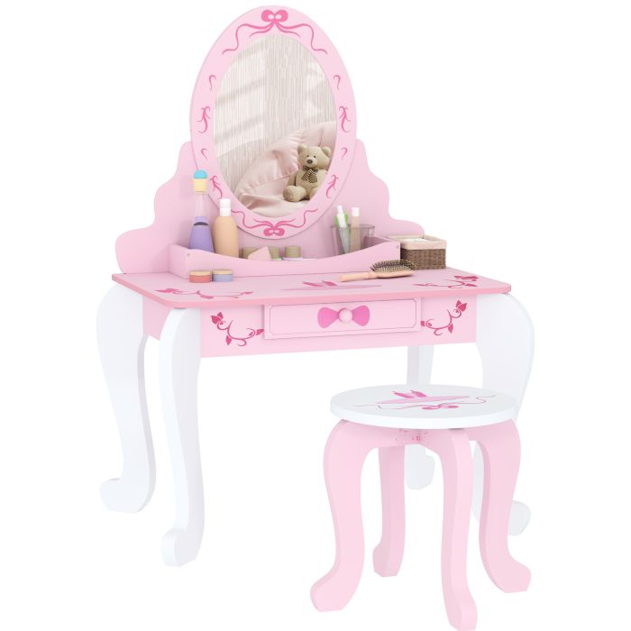 AIVAGO Kids Dressing Table Set, Vanity Table with Stool, Mirror, Drawer, Desktop Storage, Ballet Theme, Pink