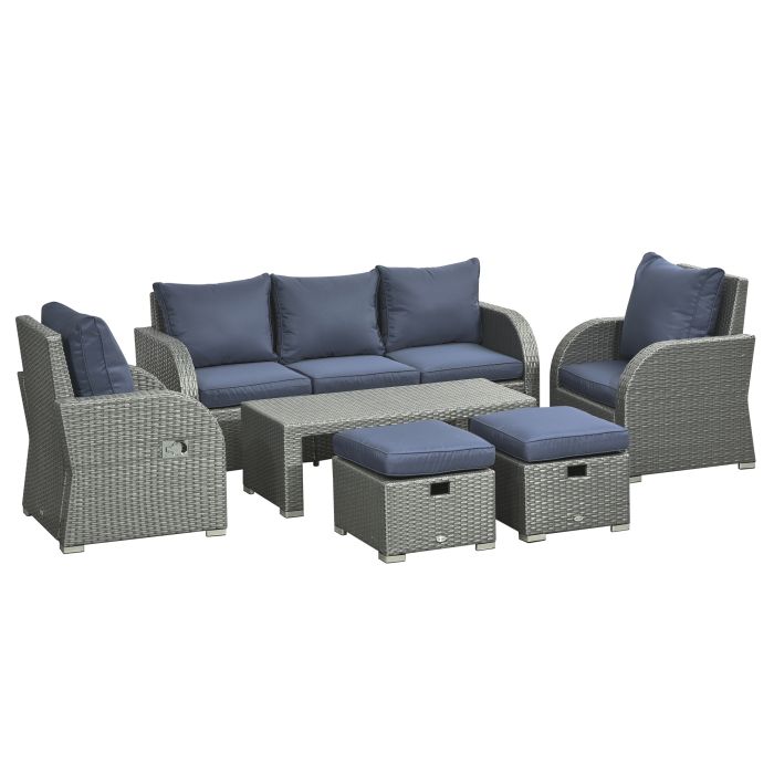 6pc Outdoor Rattan Wicker Furniture Set with 3-Seat Sofa, 2 Single Sofas, 2 Footstools and Coffee Table