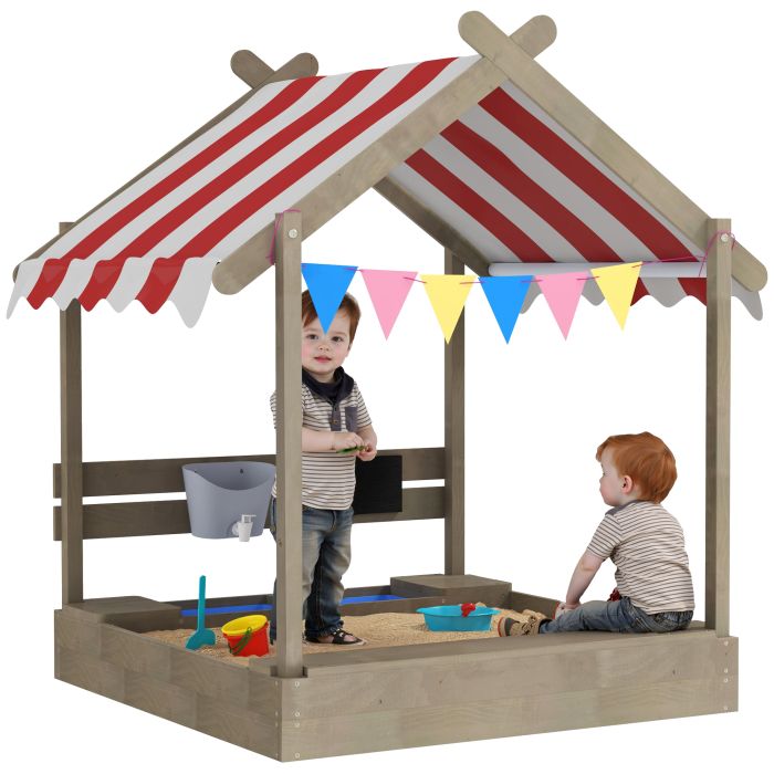 SUNVISTA House-Designed Wooden Sandbox, Outdoor Sandpit, with Blackboard, Toys, Sink, Seats, Flags, for Ages 3-7 Years - Grey