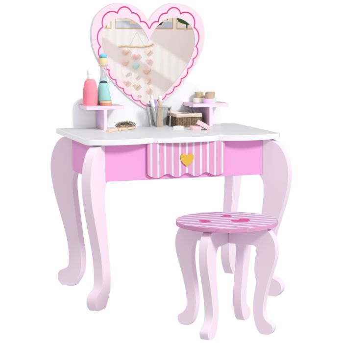 AIVAGO Kids Dressing Table Set, Vanity Table with Stool, Mirror, Drawer, Desktop Storage, Heart Theme, Pink
