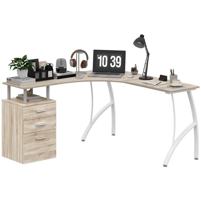 HERON L-Shaped Computer Desk Table with Storage Drawer, Home Office Desk Corner Industrial Style Workstation for A4 Files 143.5 x 143.5 x 76cm, Oak