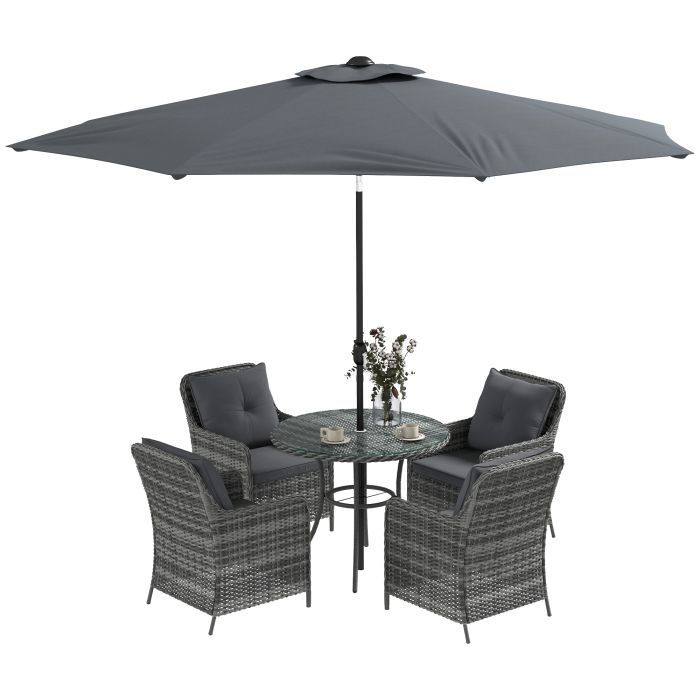 6 Pieces Garden Dining Set, 4 Seater Rattan Dining Set Outdoor with Umbrella, Cushions, Tempered Glass Top Table