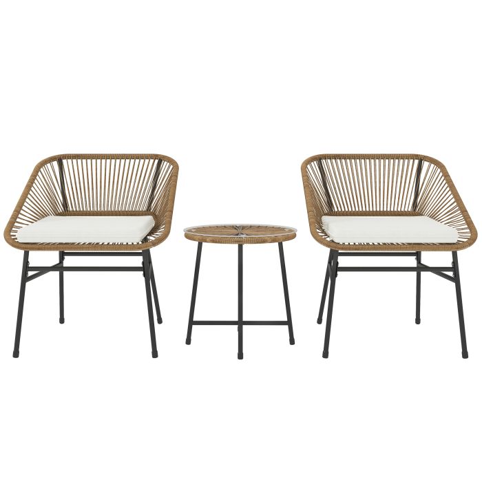 SUNVISTA 3 Pieces Rattan Bistro Set, Wicker Small Garden Table and Chairs Set with Cushions and Glass Top Coffee Table, Natural