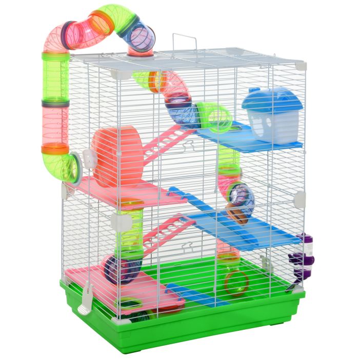 5 Tier Hamster Cage Carrier Habitat Small Animal House with Exercise Wheels Tunnel Tube Water Bottle Dishes House Ladder for Dwarf Mice, Green