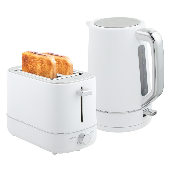 HERON Kettle and Toaster Set, 1.7L 3000W Fast Boil Kettle & 2 Slice Toaster Kitchen Set with 6 Level Browning Controls, Defrost, Reheat, White