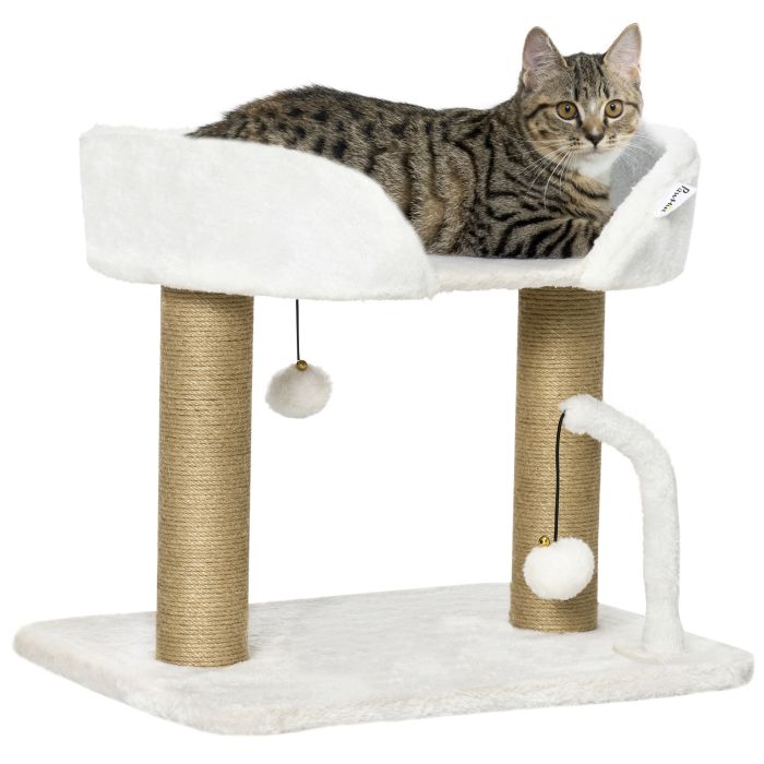42cm Indoor Cat Tree, with Toy Balls, Jute Scratching Post - White