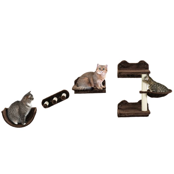 Shelley 4PCs Wall-Mounted Cat Shelves with Hammock and Nest - Brown