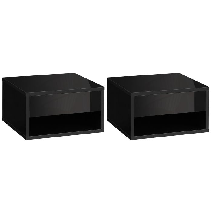 Bedside Table - KINDERSLEY 2 Piece Nightstand High Gloss Black 37cm