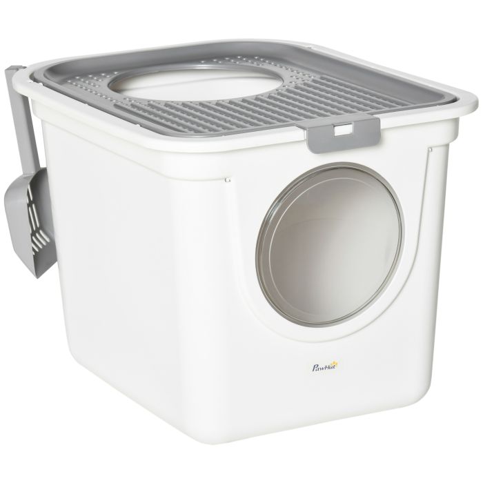 Cat Litter Box Pet Toilet Enclosed Kitten Pan w/ Front Entrance Top exit Scoop, White