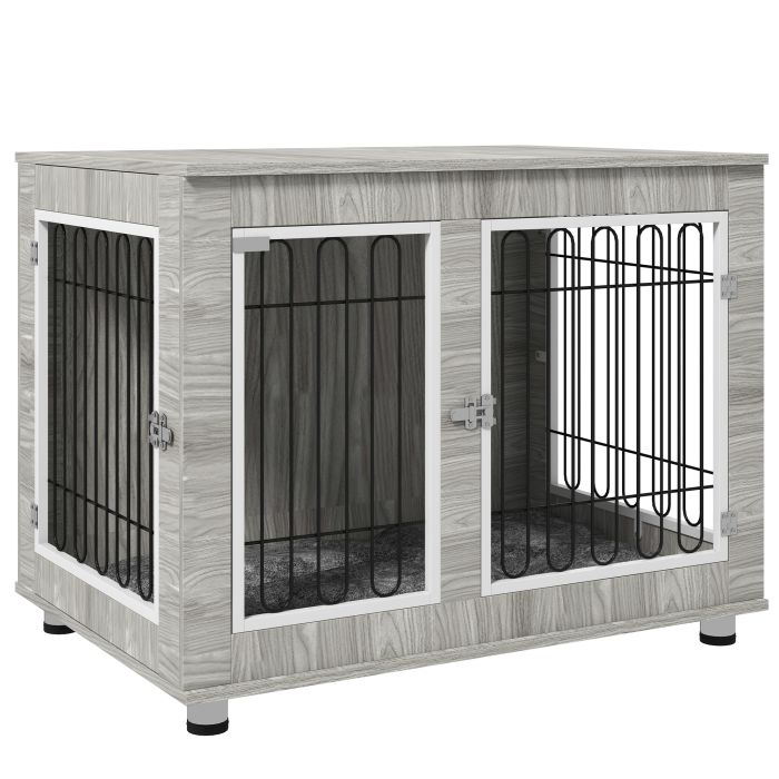 Indoor Dog Kennel w/ Soft Cushion, Double Door for Large Dogs, 106 x 74 x 81.5cm, Grey