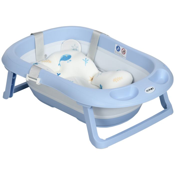 Foldable Baby Bathtub with Non Slip Support Legs, Cushion Pad, Shower Holder - Blue