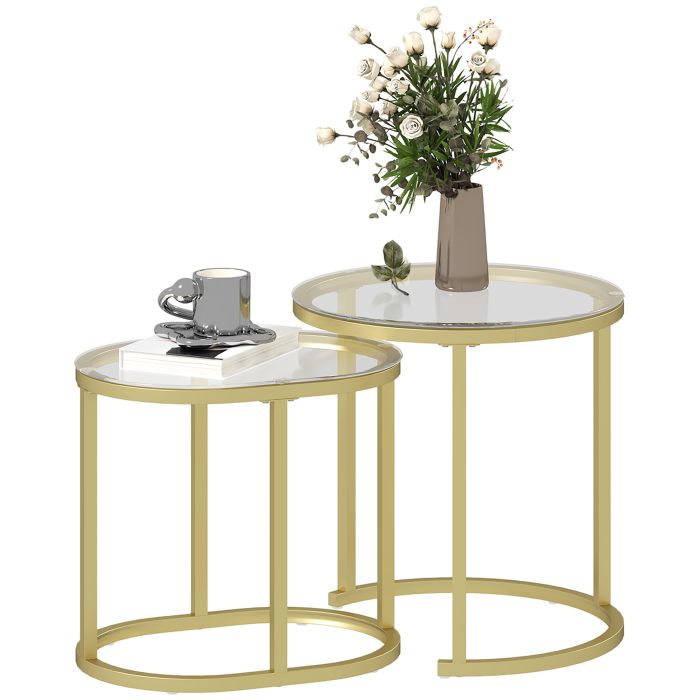 HERON Modern Coffee Table Set of 2, Nest of Tables with Steel Frame and Tempered Glass Tabletop, Side Tables for Living Room Bedroom, Clear