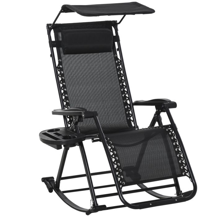 Garden Rocking Chair Folding Recliner Outdoor Adjustable Sun Lounger Rocker Zero-Gravity Seat with Headrest Side Holder Patio Deck - Black