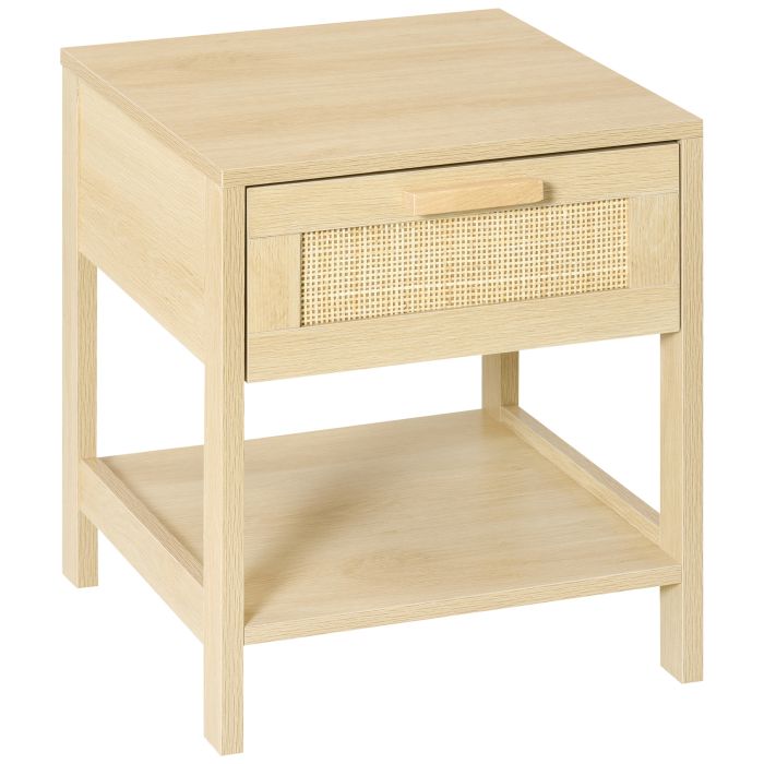 Bedside Table - ECHO Nightstand with Rattan Drawer and Storage Shelf Light Wood