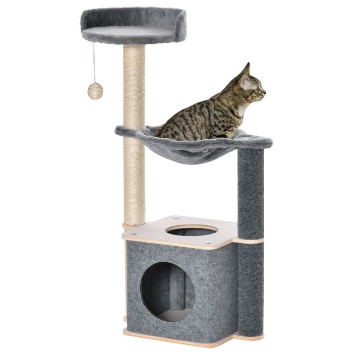 Cat Tree Cat Tower 95cm Climbing Kitten Activity Center with Sisal Scratching Post Perch Roomy Condo Hammock, Grey