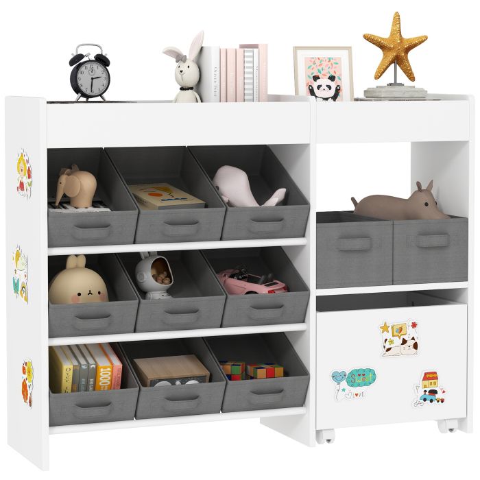 AIVAGO Kids Toy Storage Unit with 11 Bins, Cabinet, Top Shelves, 3 Stickers, for Nursery, Playroom, Kindergarten, White