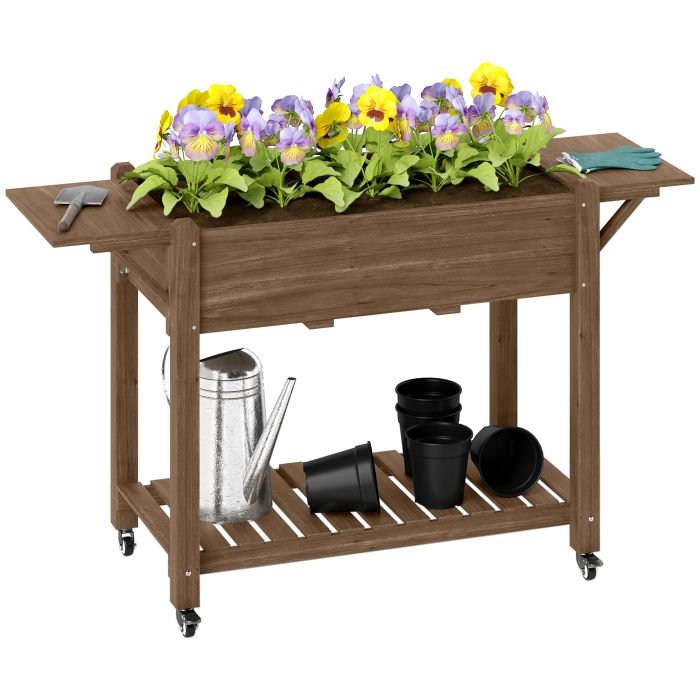 SUNVISTA Raised Garden Bed, Wooden Elevated Planter Box with Lockable Wheels, Side Tables and Bottom Shelf, Carbonised