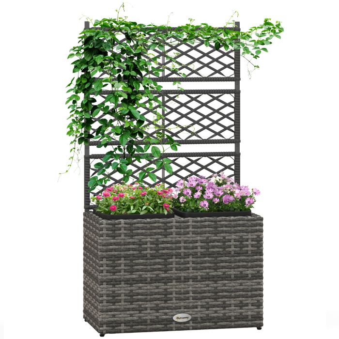 22L Garden PE Rattan Planter w/ Trellis, Free Standing Flower Raised Bed w/ 2 Plant Boxes for Climbing Plants, 57x30x107 cm, Mixed Grey
