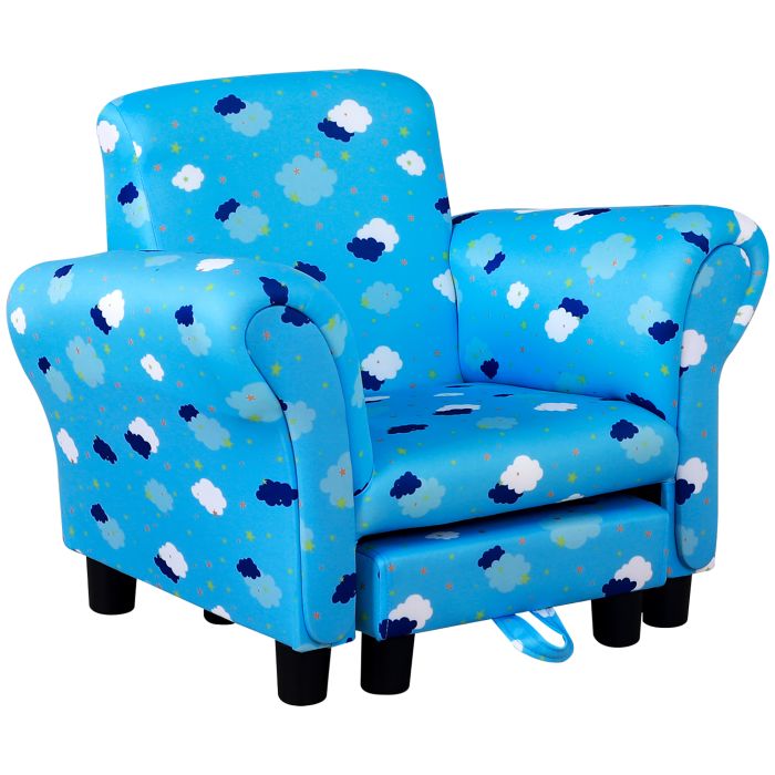 Wood Frame High Back Arms Kids Mini Sofa Armchair with Footrest - Cute Cloud Star Blue