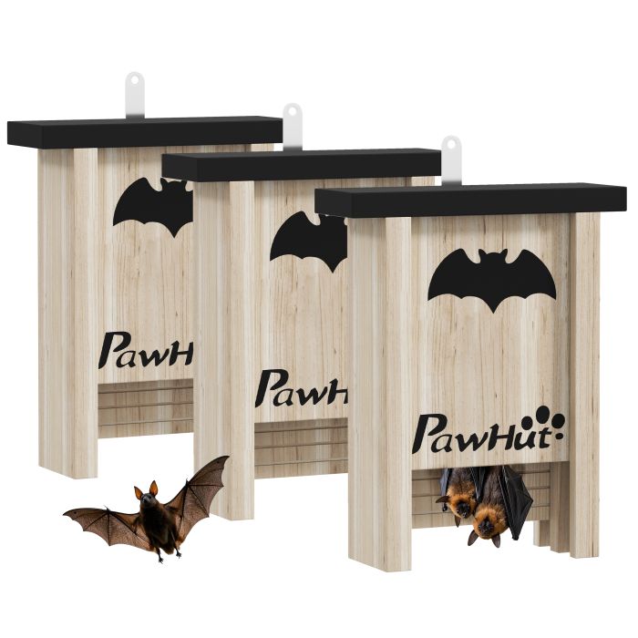 PAWSTER 3PCs Wooden Bat Boxes, Bat Houses Designed to Attract Bats & Easy to Hang for Outdoor, Garden, Farm, 18 x 6 x 22.5 cm