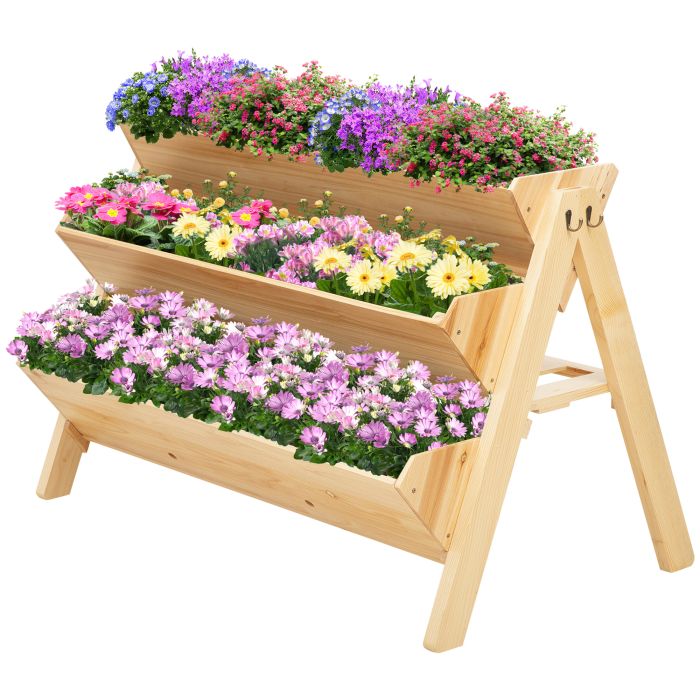 3 Tier Wooden Garden Raised Bed Vertical Plant Bed with Clapboard and Hooks, 120 x 68 x 80cm