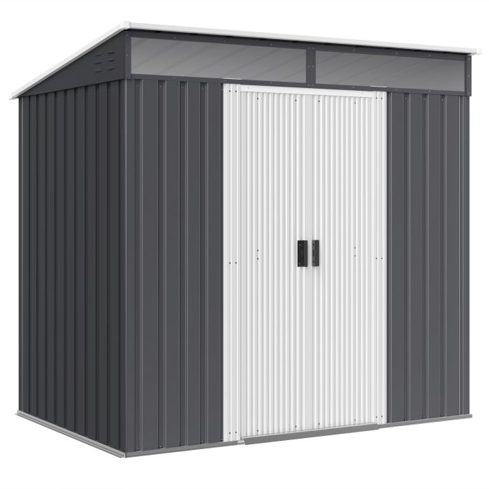 6.5 x 4FT Galvanised Metal Shed with Foundation, Lockable Tool Garden Shed with Double Sliding Doors and 2 Vents, Grey