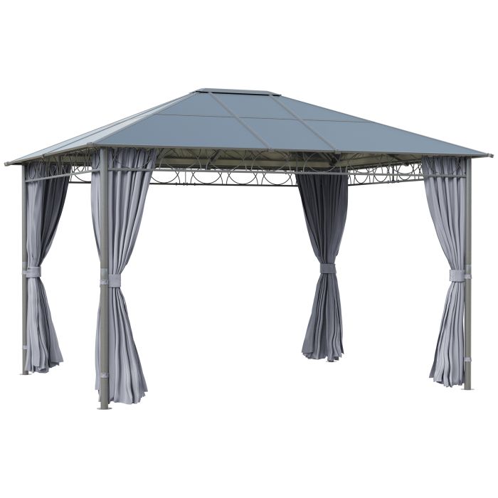 3.6 x 3M Hardtop Gazebo with UV Resistant Polycarbonate Roof, Steel & Aluminum Frame, Garden Pavilion with Curtains, Grey