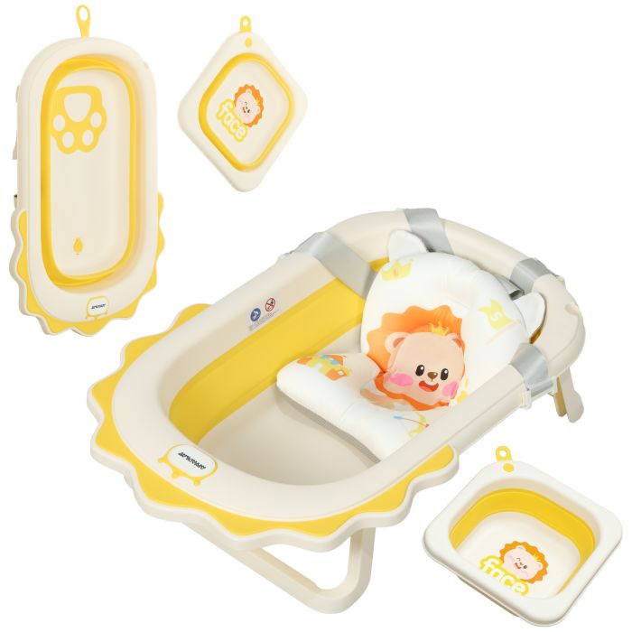 AIVAGO Foldable Baby Bath Tub Set with Bath Cushion, Wash Basin, Non-Slip Stand, Bottom, Yellow