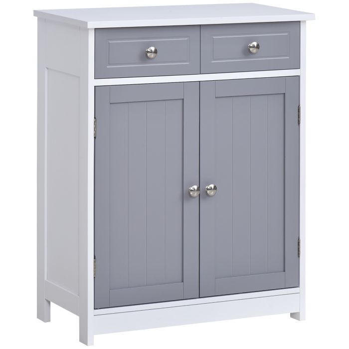 Bathroom Storage Cabinet Free-Standing Bathroom Cabinet Unit w/ 2 Drawers Cupboard Adjustable Shelf Metal Handles 75x60cm - Grey and White