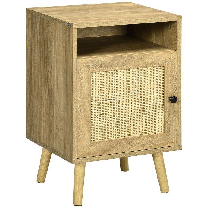 HERON Bedside Table with Rattan Element, Side End Table with Shelf and Cupboard, 39cmx35cmx60cm, Natural