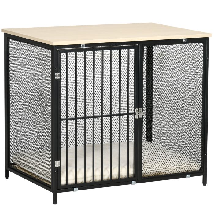 Dog Crate Furniture Side End Table with Soft Washable Cushion, Indoor Dog Kennel with Wire Mesh Wall, Wooden Top, for Medium Small Dogs