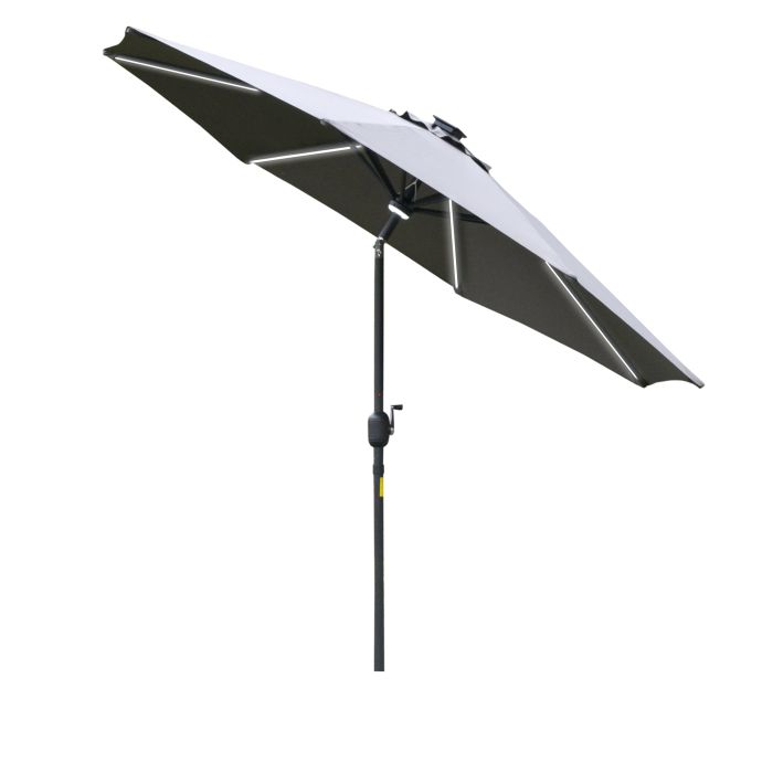 2.7m Garden Parasol Sun Umbrella Patio Summer Shelter w/ LED Solar Light, Angled Canopy Vent, Crank Tilt, Grey
