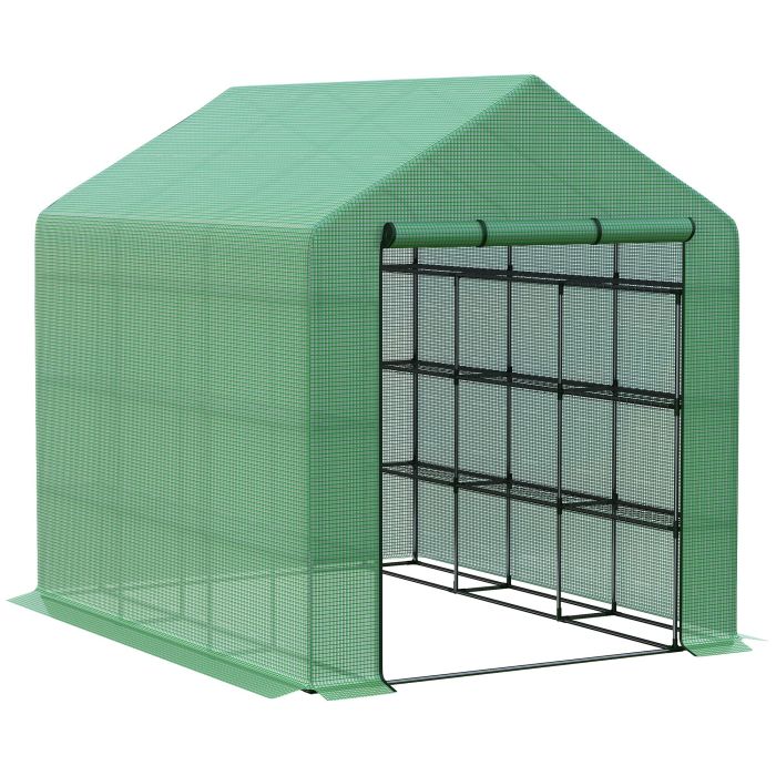 Poly Tunnel Steeple Walk in Garden Greenhouse with Removable Cover Shelves - Green 244 x 180 x 210cm