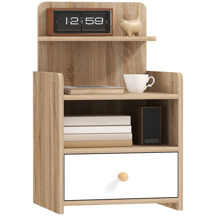 HERON Multi-Storage Bedside Table - White/Wood-Effect