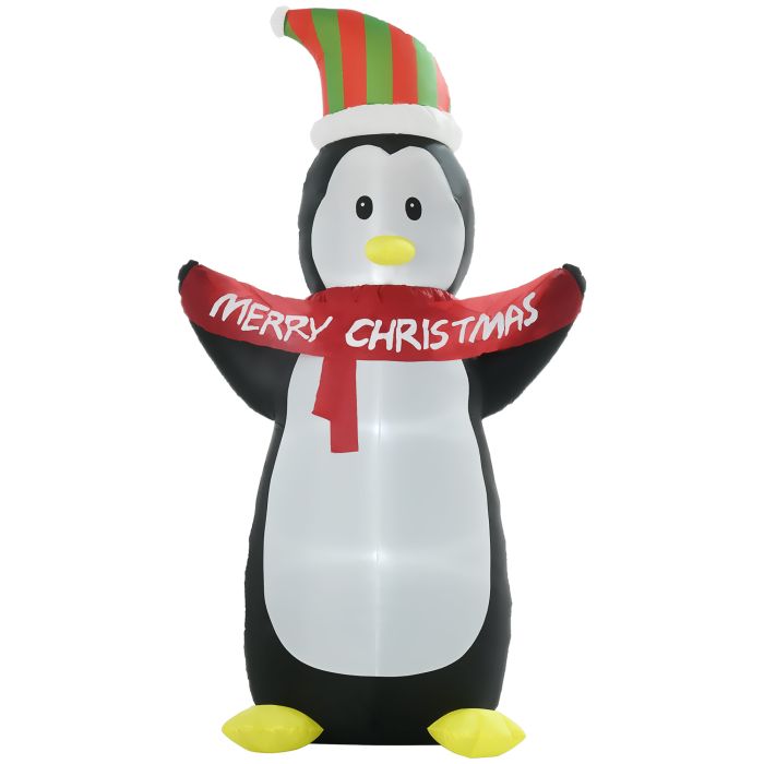 Debbie 243cm Inflatable Penguin Holding Merry Christmas Banner Holiday Yard Decoration with LED Lights Indoor Outdoor Lawn Blow Up Decor