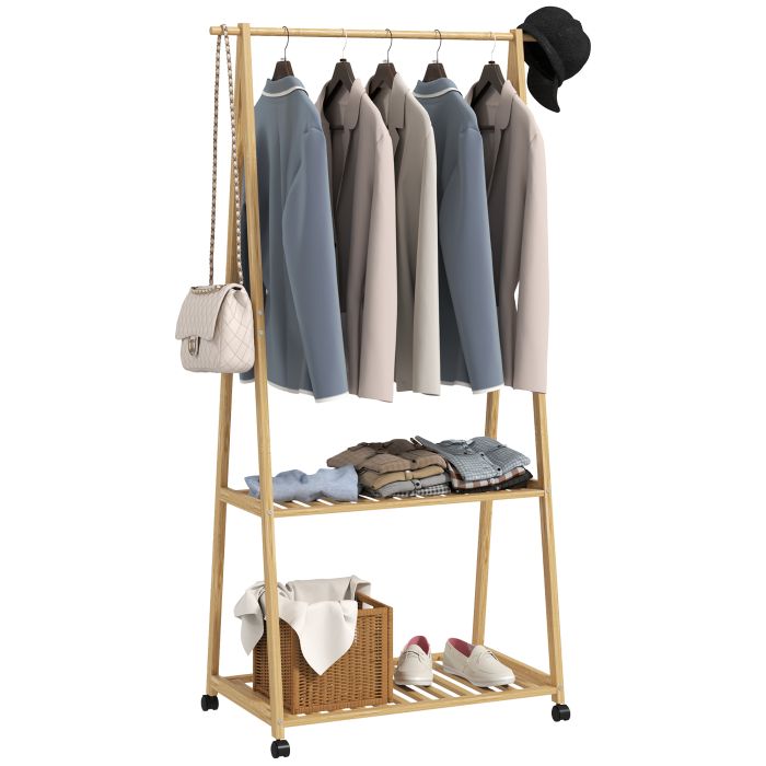 HERON Bamboo Clothes Rack, with Shelves and Hooks - Natural Finish