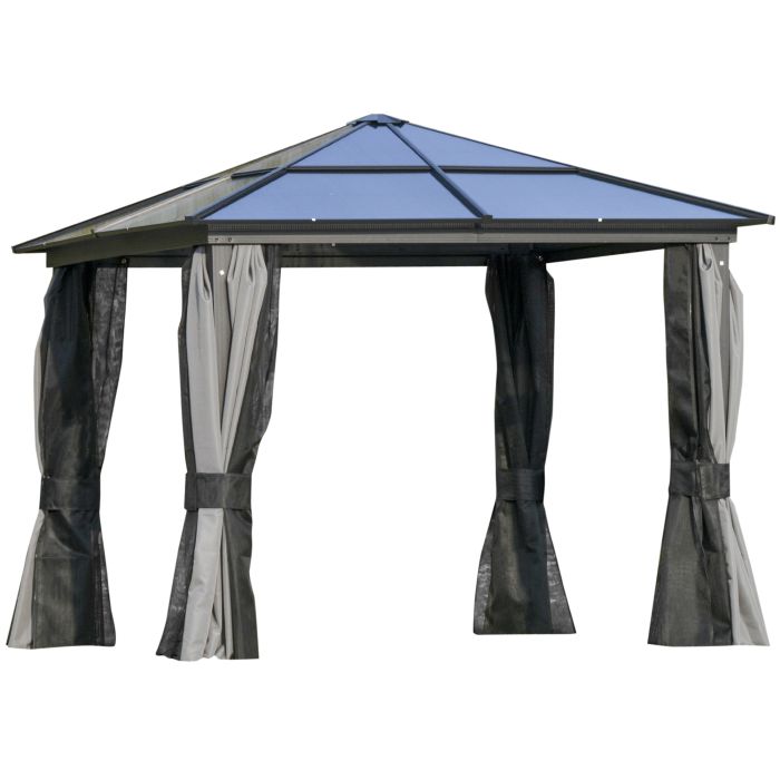 3 x 3M Hardtop Gazebo with UV Resistant Polycarbonate Roof & Aluminium Frame, Garden Pavilion with Mosquito Netting and Curtains