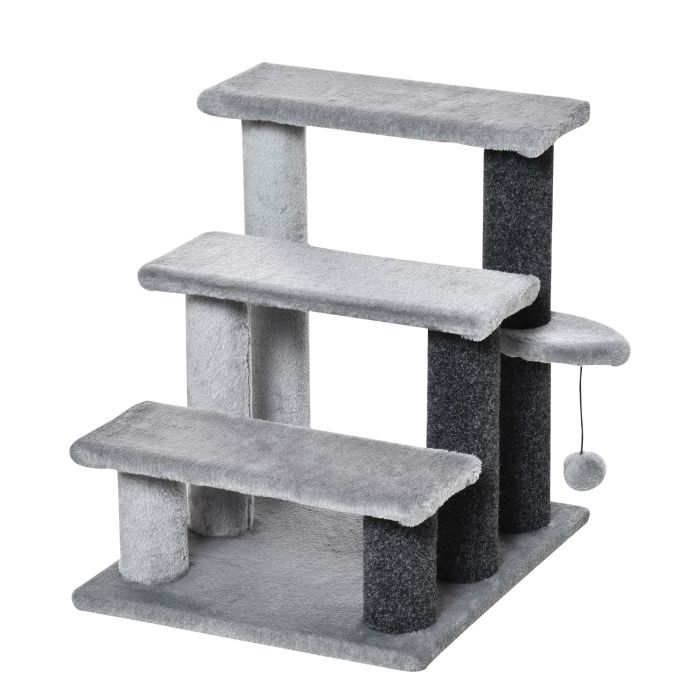 Shelley 3-step Pet Stairs with Scratching Posts and Toy Ball for Small Dogs - Grey