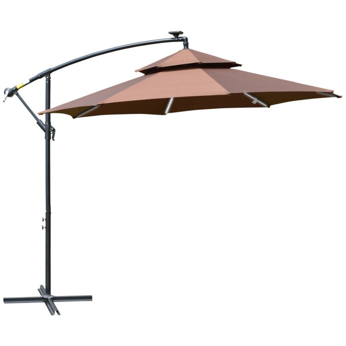 3M Cantilever Parasol Banana Hanging Umbrella with Double Roof, LED Solar lights, Crank, 8 Sturdy Ribs and Cross Base for Outdoor, Coffee
