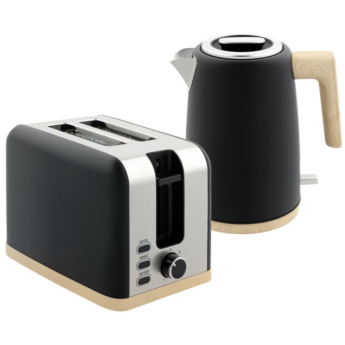 HERON Kettle and Toaster Set, 1.7L 3000W Fast Boil Kettle & 2 Slice Toaster Kitchen Set with 7 Level Browning Controls, Defrost, Reheat, Black