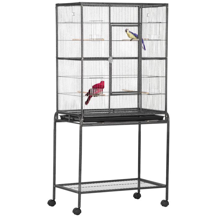 Bird Cage Metal Canary Cages for Parakeet with Detachable Rolling Stand, Storage Shelf, Wood Perch, Food Container