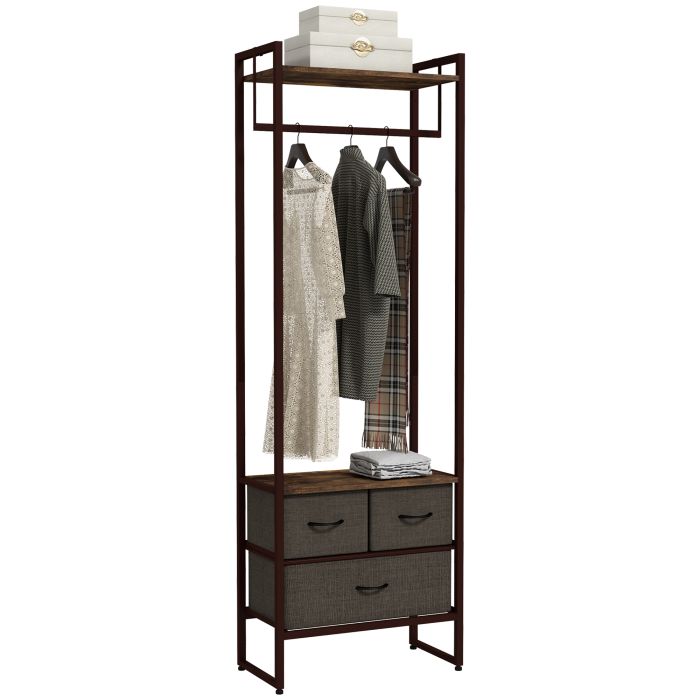 Free Standing Clothes Rail with 3 Fabric Drawers and Storage Shelves, Garment Rack, Hanging Rail for Hallway, Rustic