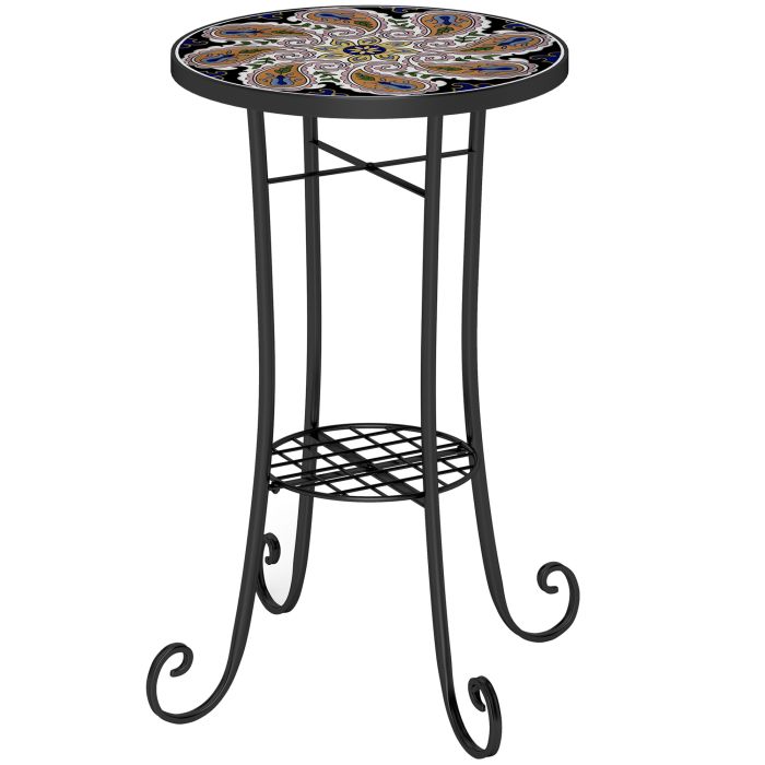 SUNVISTA Mosaic Garden Table, 35.5 cm Round Outdoor Table with Shelf, Ceramic Tile Top, Small Garden Side Table Bistro Table, Orange