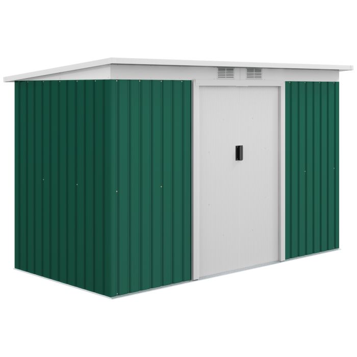 9ft x 4.25ft Corrugated Garden Metal Storage Shed Outdoor Equipment Tool Box with Foundation Ventilation & Doors Deep Green