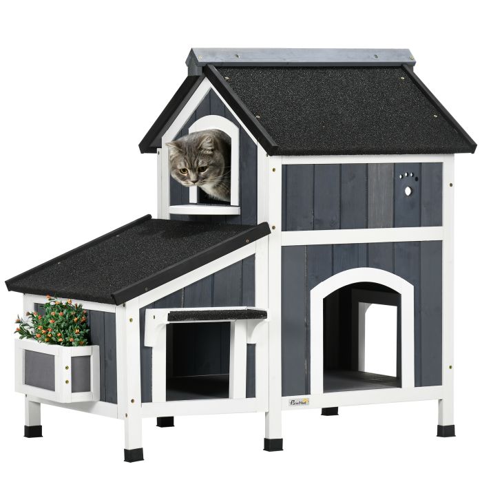 PawHutÂ WoodenÂ CatÂ HouseÂ OutdoorÂ with Flower Pot, 2 Tiers CatÂ ShelterÂ withÂ Window, MultipleÂ Entrances, Water-resistantÂ Roof, Grey