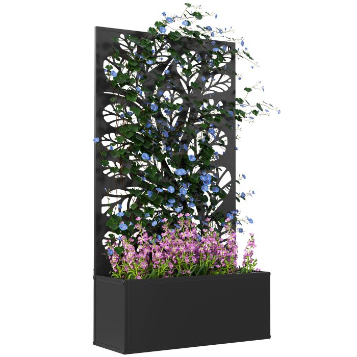 SUNVISTA Outdoor Metal Planter, with Back Trellis Leaf Design II - Black