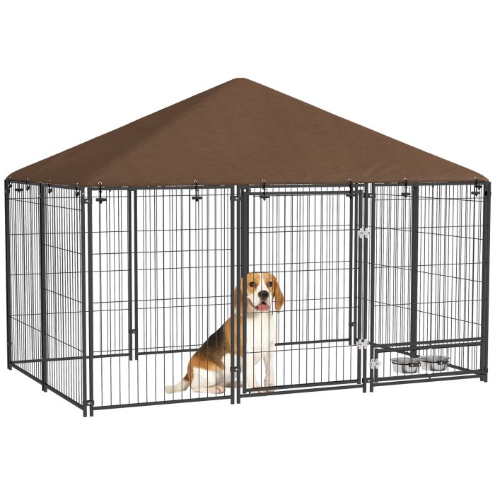 PAWSTER Outdoor Dog Kennel Puppy Play Pen with Canopy Garden Playpen Fence Crate Enclosure Cage Rotating Bowl 211 x 141 x 151 cm