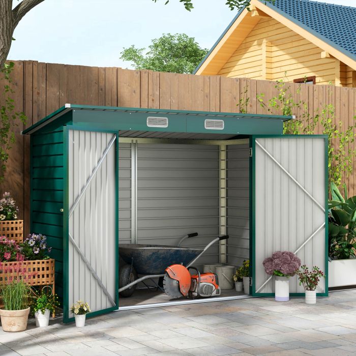 Galvanised Steel Garden Shed with Latched Door and Padlock - Green