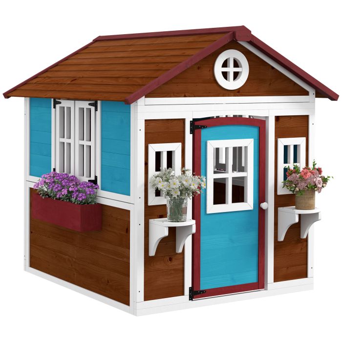 Wooden Playhouse with Doors, Windows, Plant Pots, Boxes, for 3-8 Years - Dark Brown