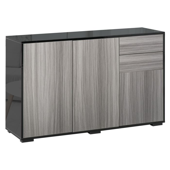 High Gloss Sideboard, Side Cabinet, Push-Open Design with 2 Drawer for Living Room, Bedroom, Light Grey and Black